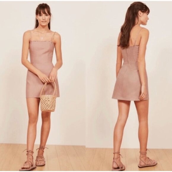 Reformation Ava Ruffle 100% Linen Mini Dress Dusty Rose Blush Pink Size 0 - Picture 1 of 5